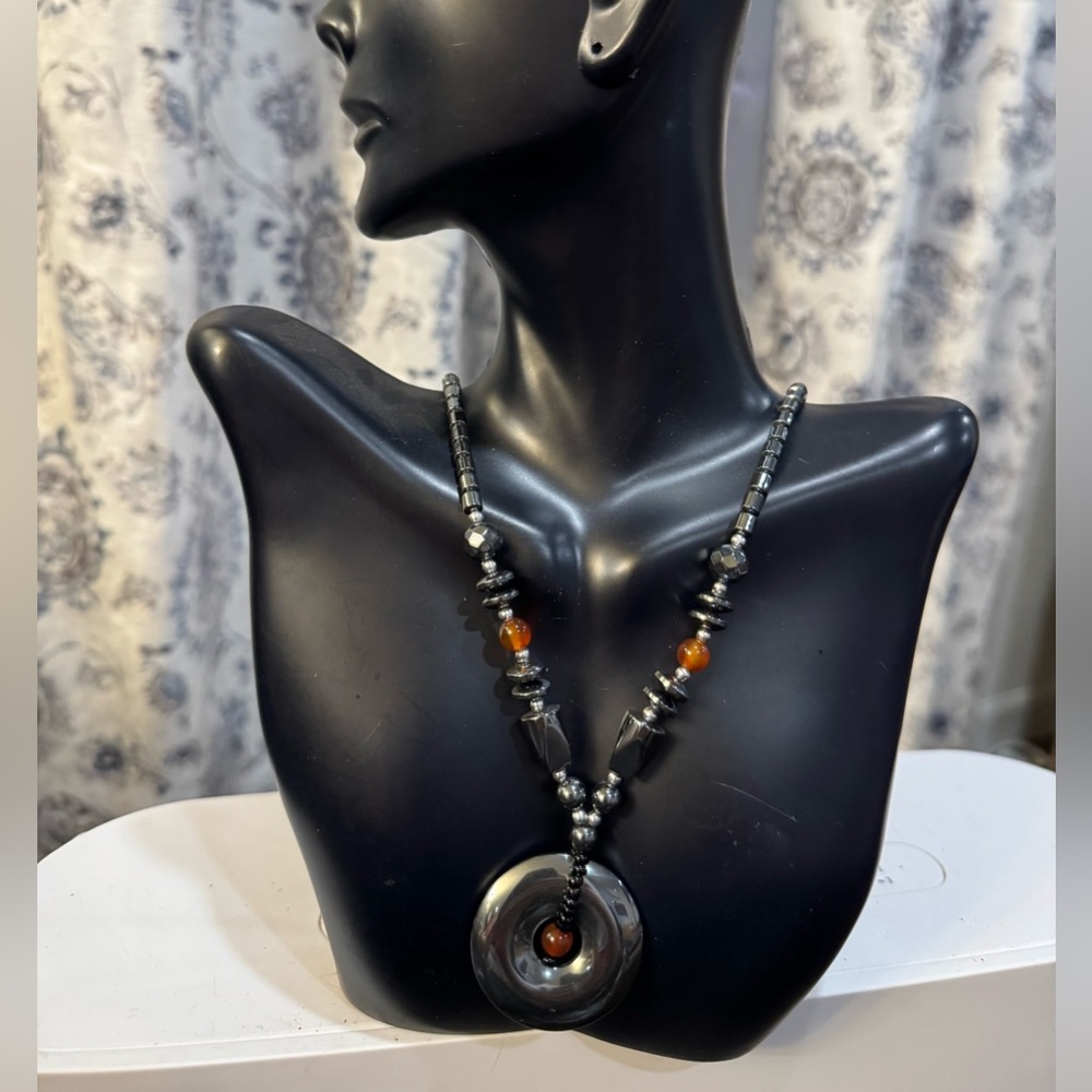 Beautiful Hematite Beaded Black and Silver Pendant Necklace